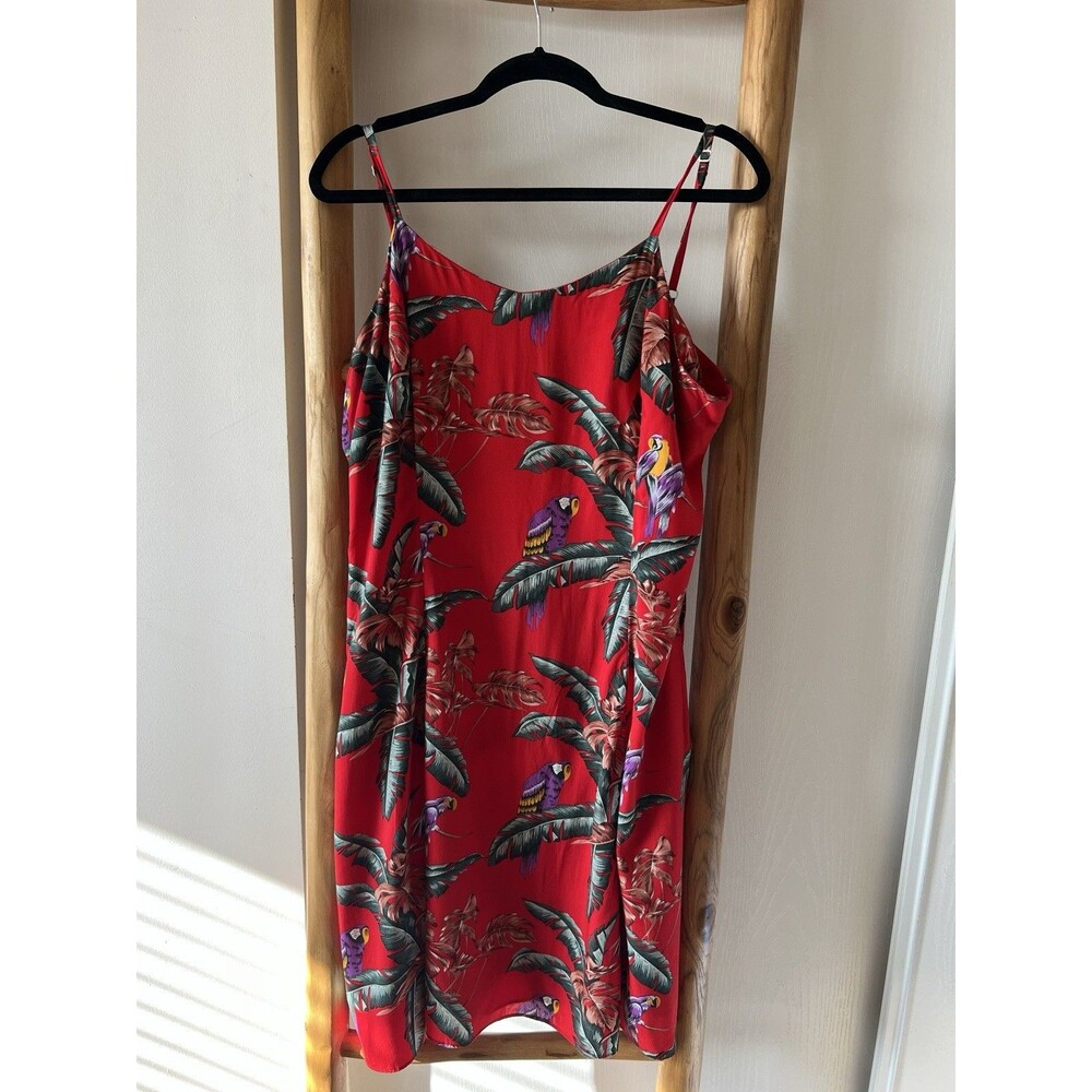 Paradise Found Jungle Bird Hawaiian Dress Red Rayon Spaghetti Strap Magnum PI XL